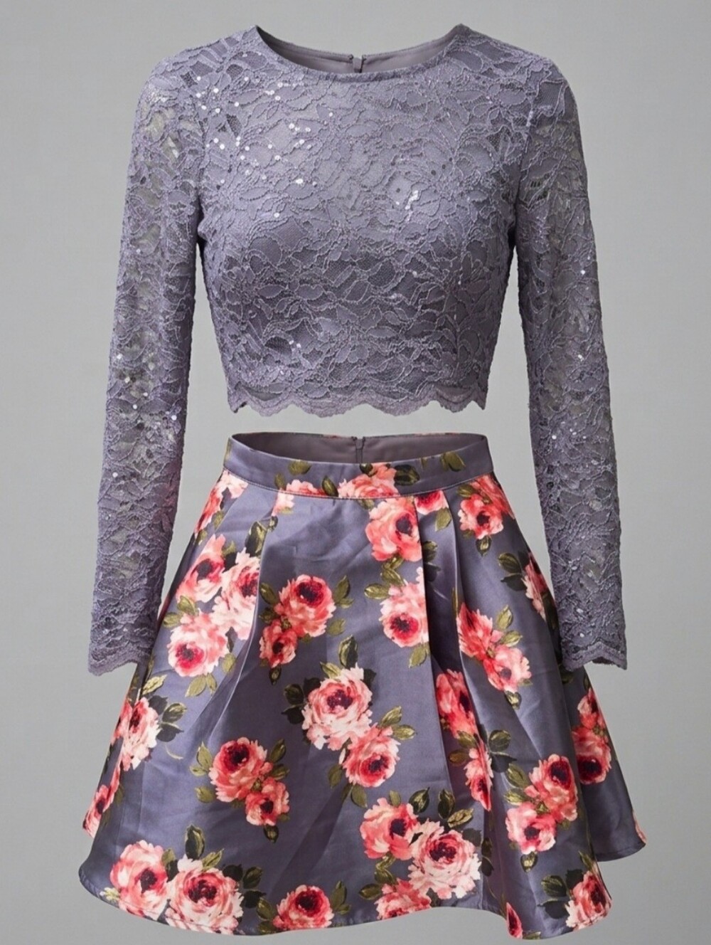 B. Darlin 2-Piece Lace Sequin Top & Floral High Waisted Skirt Set 9/10